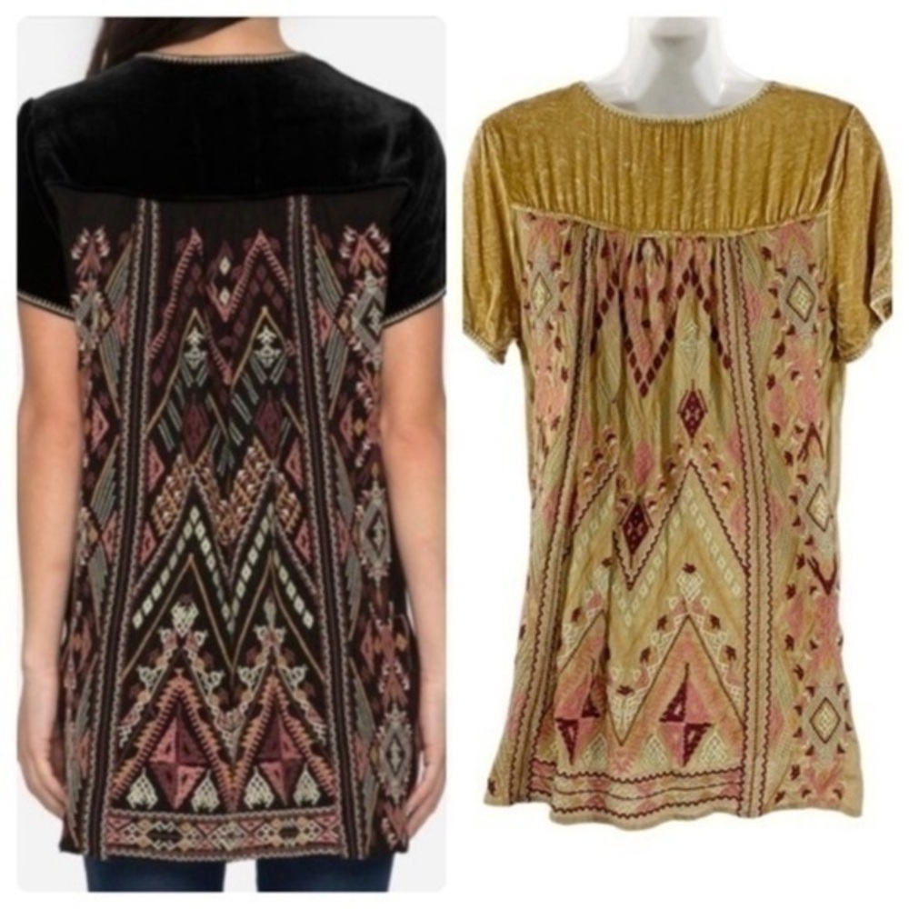 Johnny Was Aspen Velvet Gold Champagne Oversized Embroidered scarf back tee top